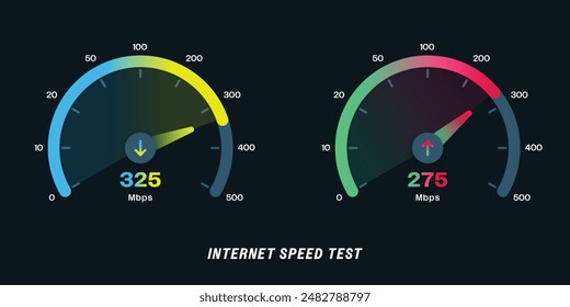 Prueba de velocidad de Internet, prueba de velocidad de Descarga Cargar con medidor de neón de diseño moderno, software de prueba de velocidad de Internet e información de rendimiento de red flecha de ancho de banda de visualización de interfaz de usuario de Internet App UX