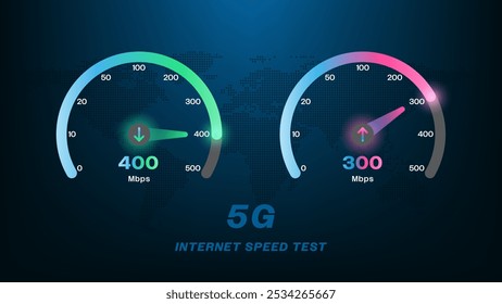 Teste de velocidade de Internet, Upload Teste de velocidade de download com medidor neon de design moderno, com mapa mundial pontilhado, informações de desempenho de software e rede seta largura de banda exibir interface UI UX