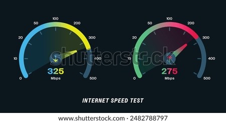 Internet Speed Test ,Upload Download speed test with modern design neon gauge, Internet speed test software and network performance information arrow bandwidth display interface app internet UI UX