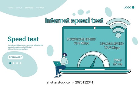 Internet speedtest.Measurement of the speed mode of the Internet broadcast.An illustration in the style of a landing page in green.