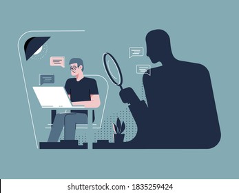 Internet Stalking Illustration Concept. Person Sitting On A Computer In His Office While A Stalker Is Watching Him From The Shadow Without Being Noticed. Vector.