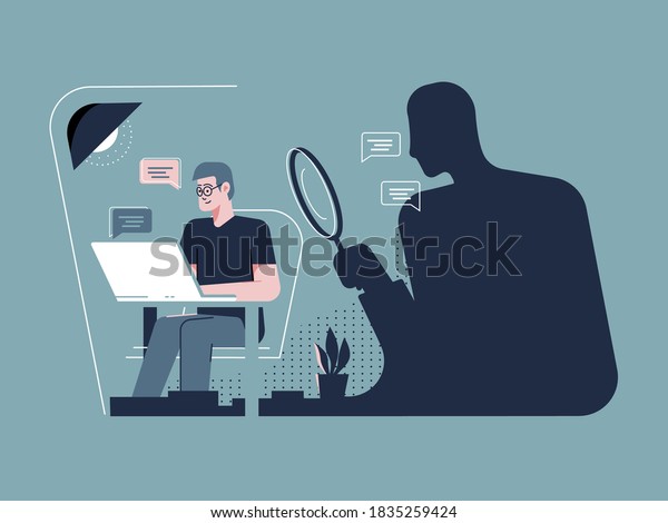 Internet stalking illustration\
concept. Person sitting on a computer in his office while a stalker\
is watching him from the shadow without being noticed.\
Vector.