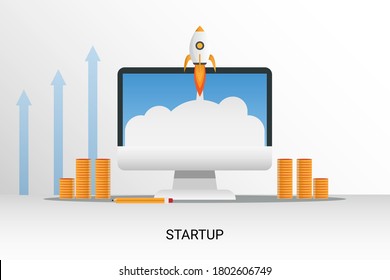 Internet Startup Concept. Rocket Launch On Laptop Screen Symbolizing Start Of Successful Web Business Over White Background. Collage