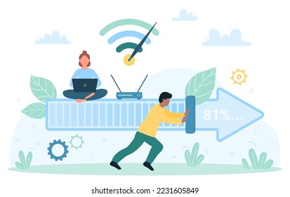 Internet status of download progress in user interface vector illustration. Cartoon tiny man pushing indicator bar on loading arrow, woman working with laptop to upload digital software or file