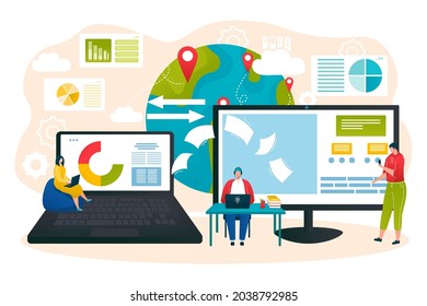 Almacenamiento de Internet, tecnología de redes de negocios, ilustración vectorial, comunicación de personajes de mujeres diminutas en la nube, pantalla de computadora cerca del planeta.