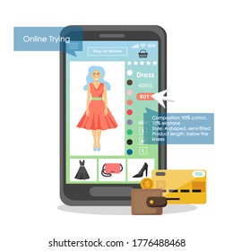 Internet store application on mobile phone screen, wallet, credit card, vector flat illustration. E-commerce, internet shopping, mobile payments.