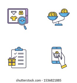 Internet store color icons set. Choosing and buying products online. Compare product price. Writing gift list. Mobile shopping, online shop application. Isolated vector illustrations