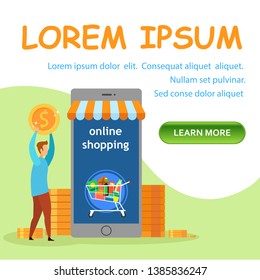 Internet Store Flat Landing Page Vector Template. Shopping Application Social Media Banner. Customer Holding Coin Cartoon Character. Full Cart Illustration. Online Grocery Shop Homepage Concept