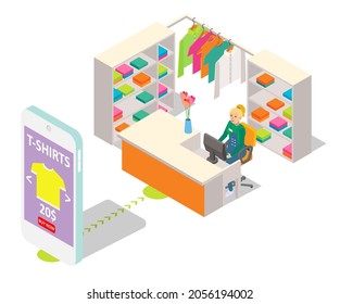 Internet store, flat vector isometric illustration. Online shopping with mobile app, ecommerce, electronic payment, internet retail business.