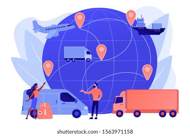 Internet store goods international shipment. Global transportation system, worldwide logistics and distribution, worldwide delivery service concept. Pinkish coral bluevector isolated illustration