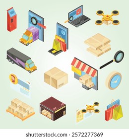 Internet store isometric set with search of goods, warehouse, delivery tracking, online payment, package isolated vector illustration