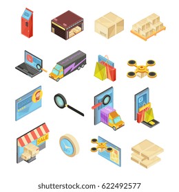 Internet store isometric set with search of goods, warehouse, delivery tracking, online payment, package isolated vector illustration