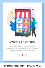 Internet store layout. Online shopping and buying purchases. Man chooses goods on the Internet. Shopping cart guy in application design. Paid program for clothes and shoes remotely vector illustration