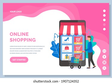 Internet store layout. Online shopping and buying purchases. Man chooses goods on the Internet. Shopping cart guy in application design. Paid program for clothes and shoes remotely landing page