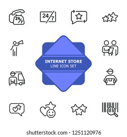 Internet store line icon set. Bar code, courier, like. Online shopping concept. Can be used for topics like customer feedback, delivery, rating