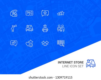 Internet store line icon set. Bar code, courier, like. Online shopping concept. Can be used for topics like customer feedback, delivery, rating