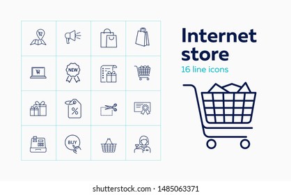 Internet store line icon set. Paper bag, discount, cart. Retail concept. Can be used for topics like shopping online, Christmas sale, discount