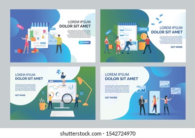 Internet store management set. Customers buying goods online, businesspeople analyzing charts and reports. Flat vector illustrations. Shopping concept for banner, website design or landing web page
