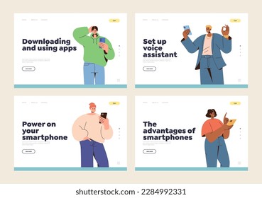 Internet store of mobile application landing page set. Happy satisfied people using smartphone for different needs as rest, digital communication, work and chatting in social media vector illustration