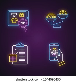 Internet store neon light icons set. Choosing and buying products online. Compare product price. Writing gift list. Mobile shopping, online shop app. Glowing signs. Vector isolated illustrations