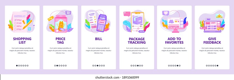Internet store, online shopping list, package tracking, add to favorites, give feedback. Mobile app screens. Vector banner template for website and mobile development. Web site design illustration.