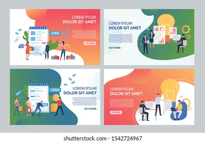 Internet store sales analysis set. Shoppers buying online, analysts presenting charts. Flat vector illustrations. Ecommerce concept for banner, website design or landing web page