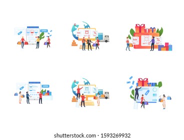 Internet store set. Customers carrying bags, paying by credit cards, buying gifts. Flat vector illustrations. Business, online shopping concept for banner, website design or landing web page
