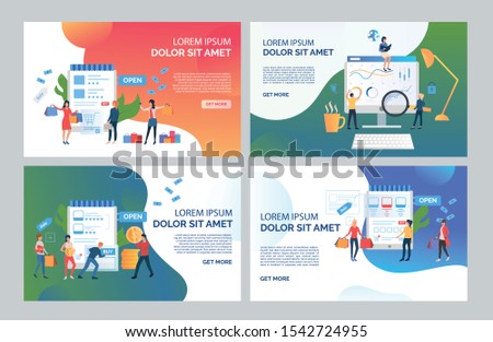 Internet store set. Customers using gadgets, buying goods online. Flat vector illustrations. Shopping concept for banner, website design or landing web page