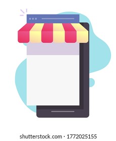 Internet store shop on mobile phone online e-commerce concept on smartphone with blank empty screen vector or cellphone digital ecommerce web icon flat cartoon symbol, storefront or commerce design
