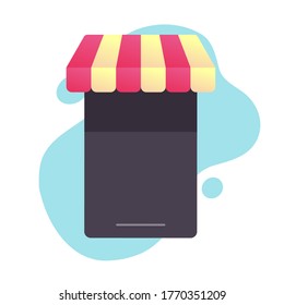 Internet store shop online e-commerce concept on mobile phone with blank empty screen vector or cellphone digital ecommerce web icon flat cartoon symbol, verified storefront or approved commerce