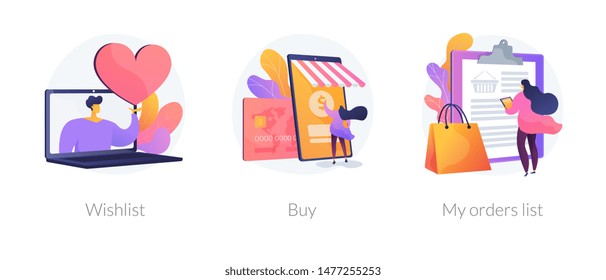 Internet store website interface. Purchases ordering, online payment. E-commerce cliparts set. Wishlist, buy, my orders list metaphors. Vector isolated concept metaphor illustrations