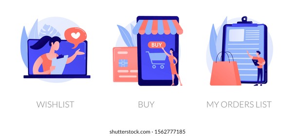 Internet store website interface. Purchases ordering, online payment. E-commerce cliparts set. Wishlist, buy, my orders list metaphors. Vector isolated concept metaphor illustrations