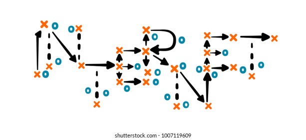 Internet strategy concept vector with orange and blue marks on white tactic board