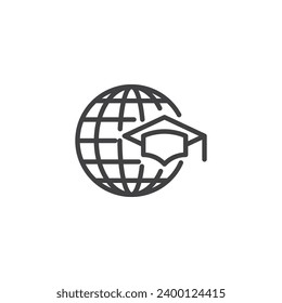 Internet studies line icon. World globe and graduation hat linear style sign for mobile concept and web design. Global education outline vector icon. Symbol, logo illustration. Vector graphics
