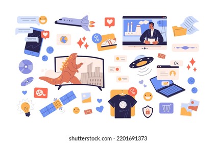 Internet stuff set. Online media, digital virtual content, social networks, TV news bundle. Information technology, likes, emojis and messages. Flat vector illustrations isolated on white background