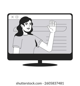 Internet support line conceptual illustration. Service assistance, guidance. Customer feedback. Businesswoman waving from computer screen 2D outline character isolated. Linear drawing grayscale vector