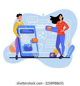 Internet surfing blue concept with people scene in the flat cartoon style. Man and woman surf on the Internet and look for interesting information. Vector illustration.