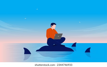 Internet surfing danger concept - Vector illustration of person sitting with computer online, on island with dangerous sharks around. Flat design