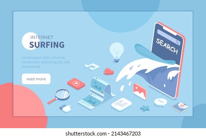 Internet surfing, Online search. Web chat, social media, online education, messenger communication, freelance work, business, news. Isometric vector illustration for banner, website.