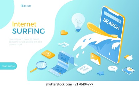 Internet Surfing. Online Search. Web Chat, Social Media, Online Education, Messenger Communication, Freelance Work, Business, News. Isometric Vector Illustration For Website.