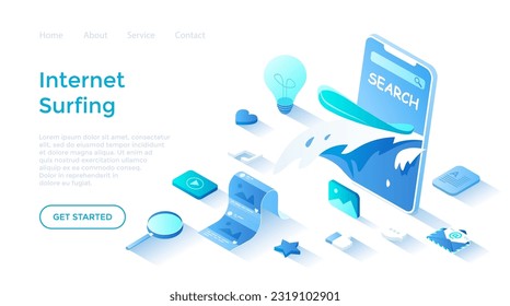 Internet surfing, Online search. Web chat, social media, online education, messenger communication, freelance work, business, news. Landing page template for web on white background.