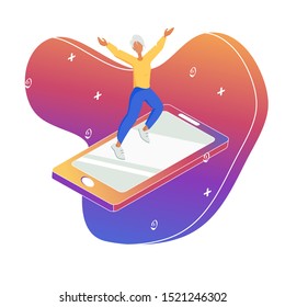 
Internet surfing in the phone. Flies into space . Mobile surfing. online travel. Stock vector