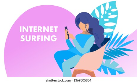 Internet Surfing Searching Vector Banner Concept. Young Woman Sitting in Armchair Cartoon Character. Girl Holding Smartphone, Social Media Lifestyle. Modern Leisure Flat Illustration with Typography