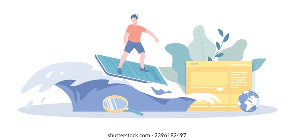 Internet Surfing, Social Networks, Web Browsing. The guy looking for information on search bar using smartphone. Vector illustration with character situation for web.	
