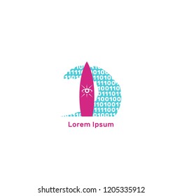 Internet surfing vector illustration, flat logo, surfboard, binary code, information wave, eye looking for data
