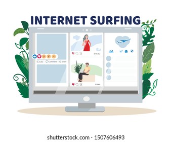Internet Surfing via Applications on Three Flat Screens Opened on Computer Monitor. Social Chat, Media Network, Online Booking and Searching Air Ticket Services. Vector Cartoon Illustration