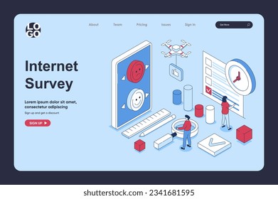Internet survey concept in 3d isometric design for landing page template. People answering and giving client feedback in questionnaire form, marking in checkbox list. Vector illustration for web