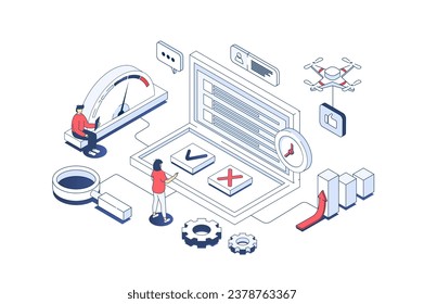 Concepto de encuesta de Internet en diseño isométrico 3d. Usuarios que responden en la lista de casillas de verificación, dando comentarios al cliente en el formulario de cuestionario en línea. Ilustración vectorial con escena de personas isométricas para gráfico web