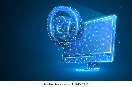 Internet AT symbol monitor screen. Device, e-mail, mailing, communication concept. Abstract, digital, wireframe, low poly mesh, vector blue neon 3d illustration. Triangle, line, dot, star
