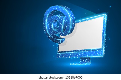 Internet AT symbol on white monitor screen. Device, e-mail, mailing, communication concept. Abstract, digital, wireframe, low poly mesh, vector blue neon 3d illustration. Triangle, line, dot, star